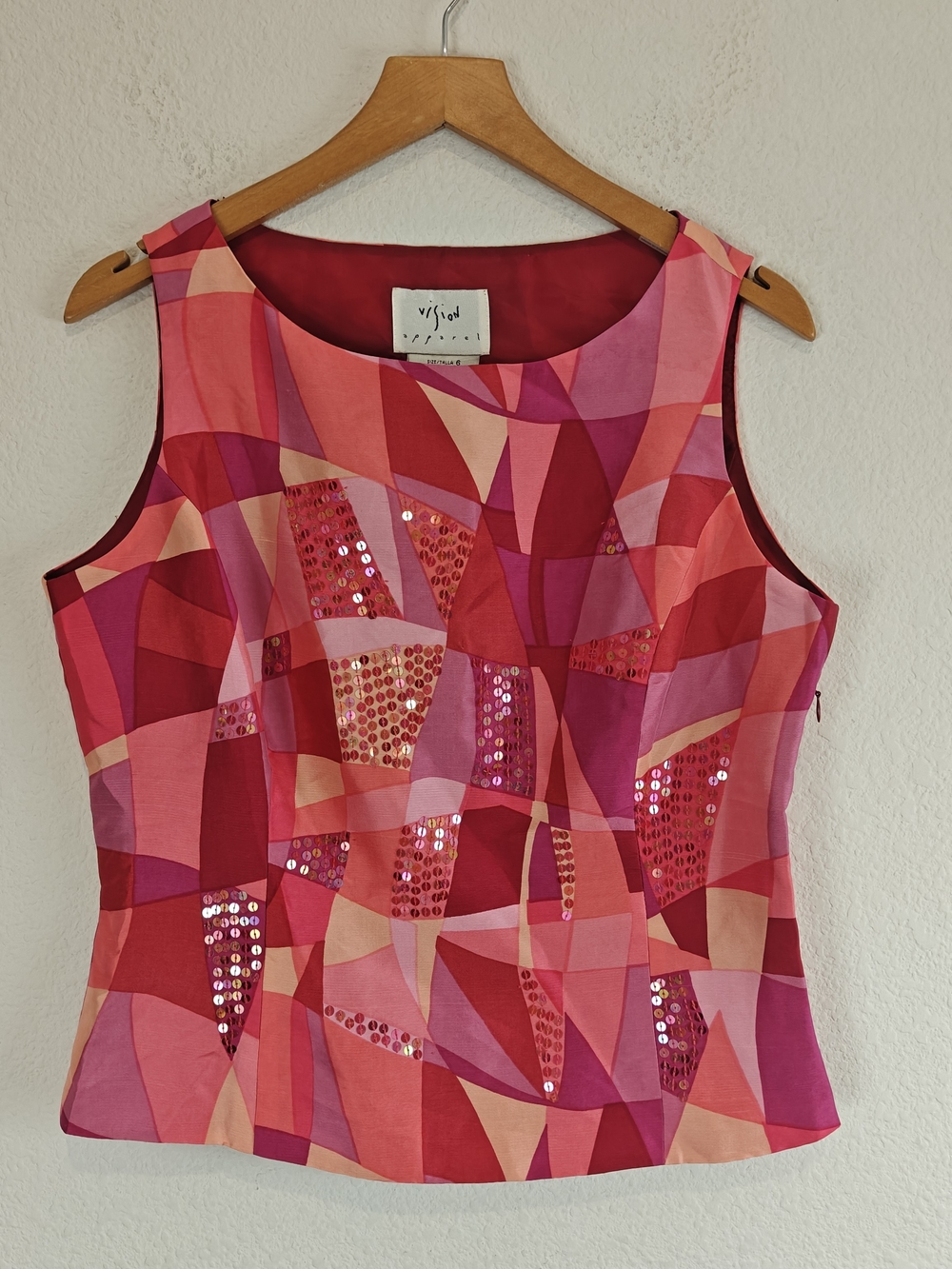 VTG Vision Apparel Y2K Silk Sequin Patchwork Tank Top Pink Geometric Size 6